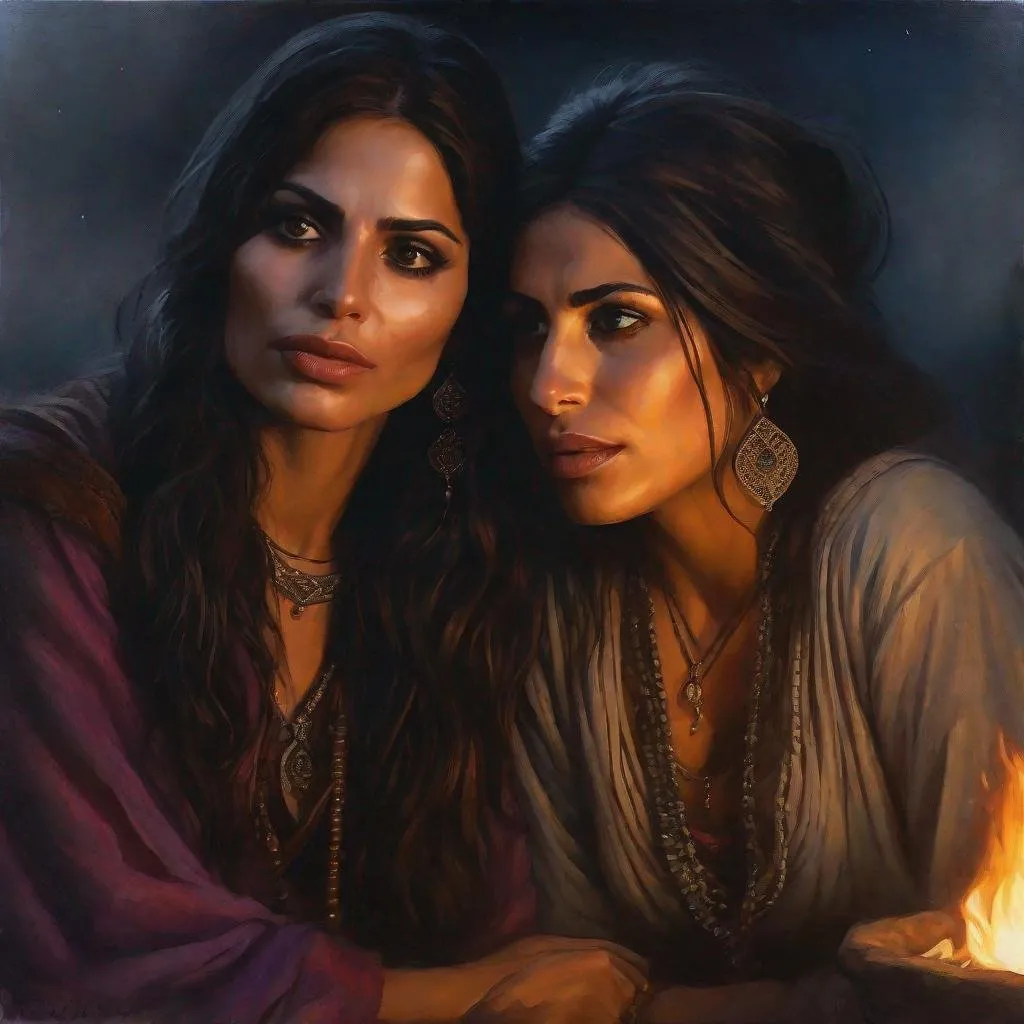 Prompt: fantasy art, oil painting, a blend of morena baccarin and sarah shahi, as a chanting gypsy woman, in a dark gypsy camp near camp fire, roma attire, foggy night, dreadful dark and moody atmosphere, frightened and concerned expression, close up, cinematic, dramatic, highres, detailed, D&D, DnD, Pathfinder, Ravenloft, Vistani, fantasy, by Clyde Caldwell,