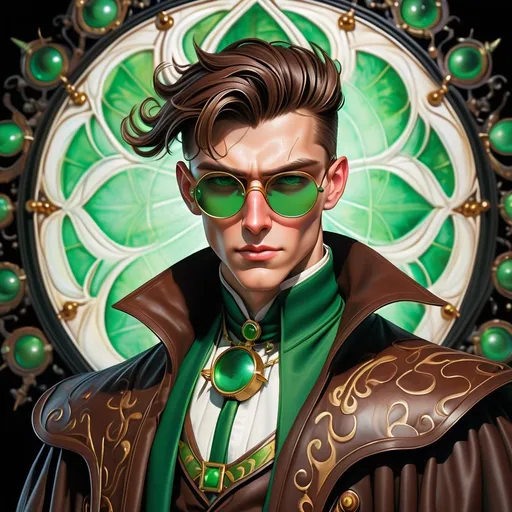 Prompt: a dynamic full body portrait of an irish adult beautiful handsome brown haired man, very short slicked back pompadour undercut with shaved sides and chestnut wisps, wearing a dark brown sorcerer mantle and round glasses, green mirror shades with emerald lenses round face, broad cheeks, dressed, muscular, intricate, sharp focus, in the style of Ivan Bilibin, Ernst Haeckel, Daniel Merriam, watercolor and ink