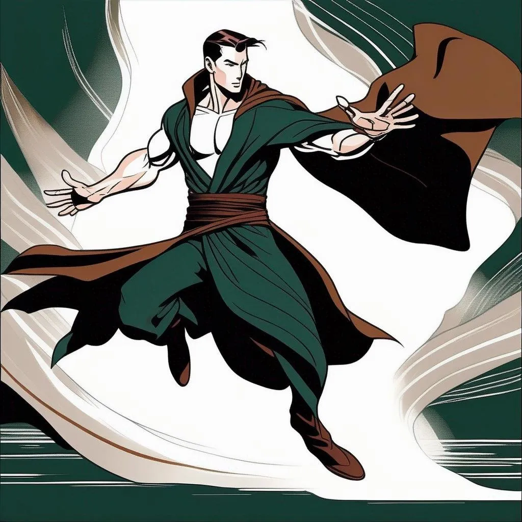 Prompt: Silk screen comic book illustration, a dynamic waist up drawing of an athletic, adult slender muscular male mage in movement, wearing a dark green wizars robe with a cape, loincloth, white shirt underneath, very short extremely deep dark brown slicked back pompadour undercut with dark ginger highlights and shaved sides, very bright and pale milky skin.  Well drawn face, detailed face,  1960s Soviet retrofuturism, 