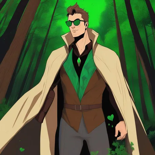 Prompt: highest quality anime art masterpiece, digital drawing, tall muscular bulky caucasian male sorcerer, wearing mage mantle, suideburns, very short brown slicked back pompadour undercut hair with shaved sides:vistani, wearing round glasses, green shades with emerald lenses, green sunglasses, dark female makeup, melancholic, in a forest on a dark foggy night, big sad slant brown eyes, pale milky skin:2, waxing moon, round shaven face, broad cheeks, ethereal, trimmed face, highres, realistic, highly detailed, fantasy, european, irish, D&D, Ravenloft, by Ilya Kuvshinov