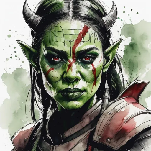 Prompt: Ultra realistic photo portrait of a female orc warrior queen in watercolor style, minimalist, elegant, white background, black lines, green shades, red tones, thick bold Rotring lines, capturing strength and fantasy, powerful and artistic portrayal, focusing entirely on the character, no additional elements, watercolor illustration.