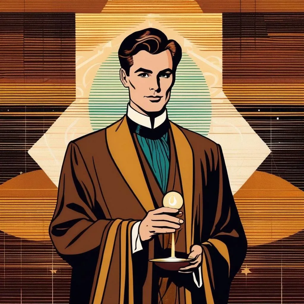 Prompt: Silk screen comic book illustration, male magician wearing a mage robe, extremely short brown hair, 1960s Soviet retrofuturism, modern age raypunk aesthetics