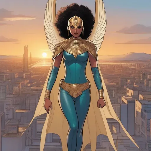 Prompt: Whole body, Full figure. In background a city view from the sky. An Egyptian young semigoddess superhero female wearing an egyptian orichalcum ankh armour. face covering featureless plain mask on the head. demonic Wings on the shoulders. glowing electric eyes, Body covered in bandages. Marvel art. Comics art. DC comics art. 2d art. 2.d