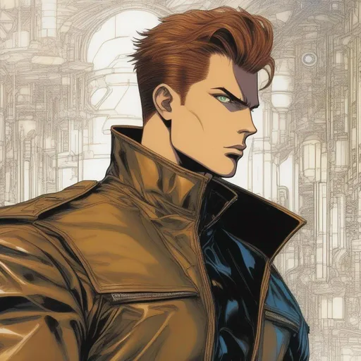 Prompt: A masculine scifi european cyborg soldier. very short bright brown slicked back pompadour undercut hair with shawed sides and light chestnut highlights, round face, broad cheeks, glowing eyes, wearing a black retro futuristic leather jackett with android armour underneath, Ghost in the shell art. Masamune Shirow art. anime art. Leiji Matsumoto art. Akira art. Otomo art. 2d. 2d art.