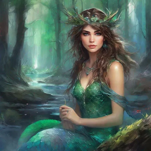 Prompt: fantasy book cover, a dark chesnut haired mermaid princess with brown highlights in her very short messy wavy bob hair, mermaid fae, tall and willowy and pretty, soft freckles, big large green eyes, pointed ears, intricate blue and green gown, pointy ears, iron palace gray metal, landscape beautiful pine forest, sit on sone, fishlail, Carne Griffiths, Michael Garmash, Frank Frazetta, Castle Background, Victo Ngai, Detailed, Vibrant, Sharp Focus, Character Design, Wlop, Kuvshinov, Character Design, TXAA, 32k, Highly Detailed, Dynamic Pose, Intricate Motifs, Organic Tracery, Perfect Composition, Digital Painting, Artstation, Smooth, Sharp Focus, Illustration, hyperdetailed, greg rutkowski