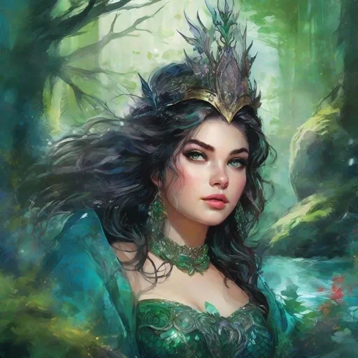 Prompt: fantasy book cover, a plump curvy thick black haired mermaid princess with brown highlights in her very short messy wavy bob hair, mermaid fae, tall and willowy and pretty, soft freckles, big large green eyes, pointed ears, intricate blue and green gown, pointy ears, iron palace gray metal, landscape beautiful pine forest, fishlail, Carne Griffiths, Michael Garmash, Frank Frazetta, Castle Background, Victo Ngai, Detailed, Vibrant, Sharp Focus, Character Design, Wlop, Kuvshinov, Character Design, TXAA, 32k, Highly Detailed, Dynamic Pose, Intricate Motifs, Organic Tracery, Perfect Composition, Digital Painting, Artstation, Smooth, Sharp Focus, Illustration, hyperdetailed, greg rutkowski