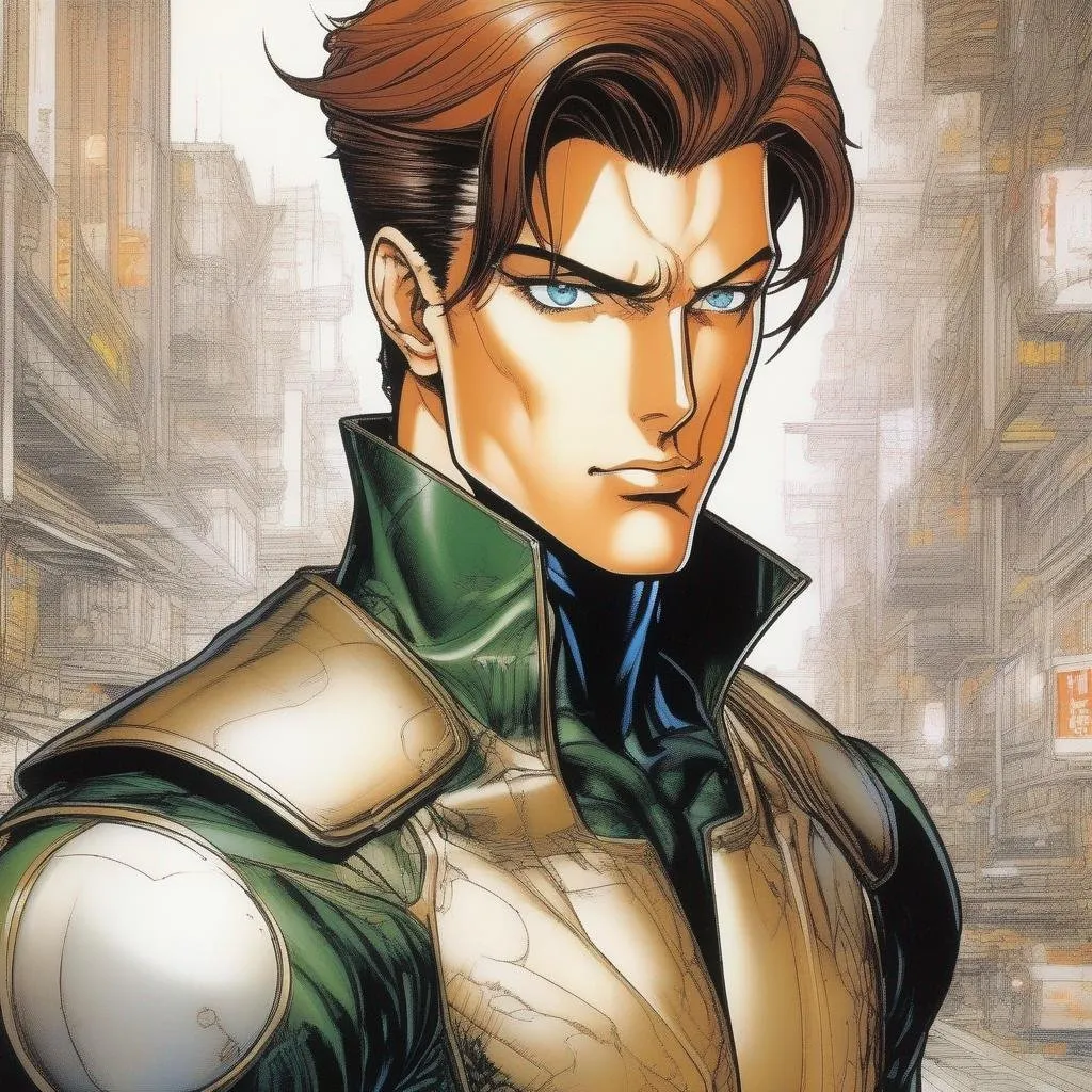 Prompt: A masculine scifi european cyborg soldier. very short bright brown slicked back pompadour undercut hair with shawed sides and light chestnut highlights, round face, broad cheeks, glowing eyes, wearing a black retro futuristic leather jackett with armour underneath, Ghost in the shell art. Masamune Shirow art. anime art. Leiji Matsumoto art. Akira art. Otomo art. 2d. 2d art.