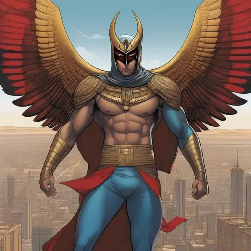 Prompt: Whole body, Full figure. In background a city view from the sky. An Egyptian young demigod superhero man wearing an egyptian orichalcum ankh armour. fwcw covering featureless mask on the head. demonic Wings on the shoulders. Body covered in bandages. Marvel art. Comics art. DC comics art. 2d art. 2.d