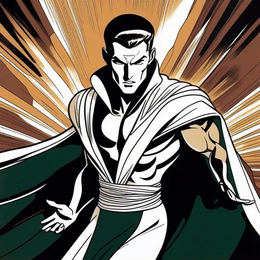Prompt: Silk screen comic book illustration, of an athletic, adult slender muscular male mage in movement, wearing a dark green wizars robe with a cape, loincloth, white shirt underneath, very short extremely deep dark brown slicked back pompadour undercut with dark ginger highlights and shaved sides, very bright and pale milky skin.  Well drawn face, detailed face,  1960s Soviet retrofuturism, 