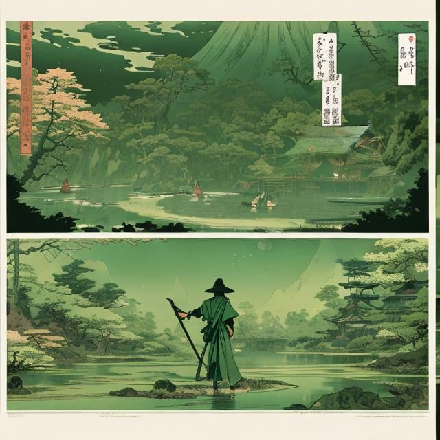 Prompt: light aged green paper::3 close up pic::2 a young sorcerer with short brown hair wearing mage robes with a wizard staff::3 next to pond::3 detailed face, very well drawn faces, by Hokusai and James Gurney, trending on artstation::3 incredible desaturated black and green ink illustration::4 —ar 9:21