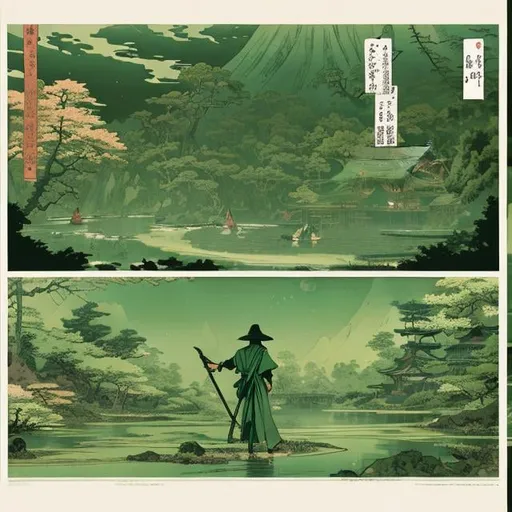 Prompt: light aged green paper::3 close up pic::2 a young sorcerer with short brown hair wearing mage robes with a wizard staff::3 next to pond::3 detailed face, very well drawn faces, by Hokusai and James Gurney, trending on artstation::3 incredible desaturated black and green ink illustration::4 —ar 9:21