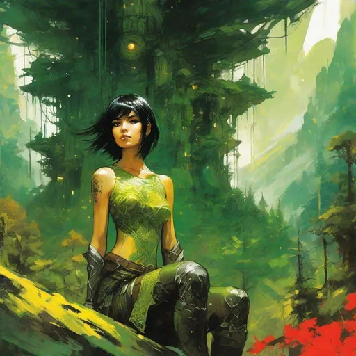 Prompt: fantasy book cover, a black haired tiny, skinny and willowy and pretty, green skinned orc female, green skin, big large yellow eyes, extraterrestrial, intricate black spandex underwear, short bob haircut, iron palace gray metal, landscape beautiful pine forest, Carne Griffiths, Michael Garmash, Frank Frazetta, Castle Background, Victo Ngai, Detailed, Vibrant, Sharp Focus, Character Design, Wlop, Kuvshinov, Character Design, TXAA, 32k, Highly Detailed, Dynamic Pose, Intricate Motifs, Organic Tracery, Perfect Composition, Digital Painting, Artstation, Smooth, Sharp Focus, Illustration, hyperdetailed, greg rutkowski