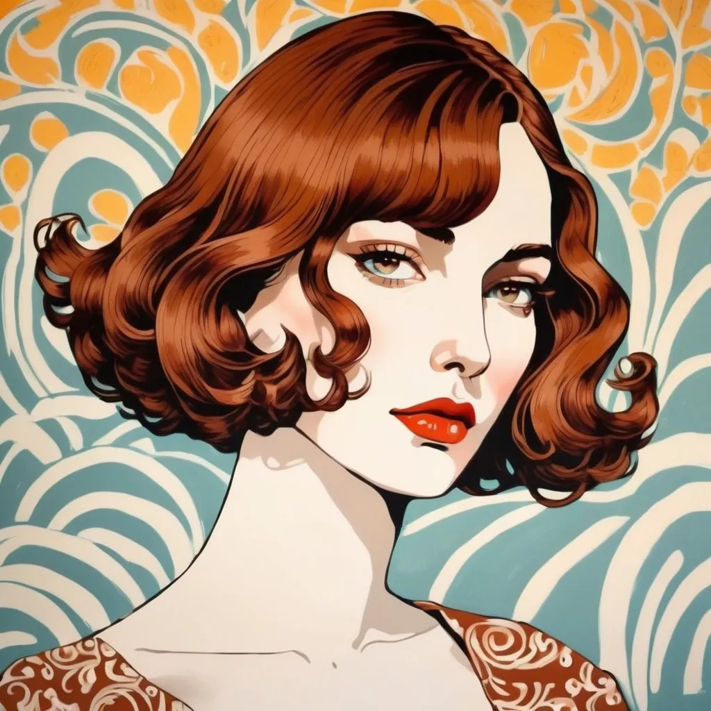 Prompt: Luxurious imperatrice, neo-fauvist screenprint. female with huge big long hooked aquiline grecian nose, short chestnut wavy bob hair, Beautiful, extremely detailed 