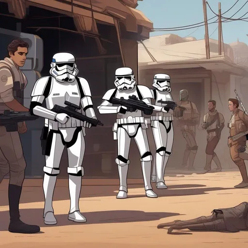 Prompt: a squad of star wars stormtroopers arresting a caucasian male captain with brown hair. In background a scifi slum. Star wars art. rpg. rpg art. 2d art. 2d.