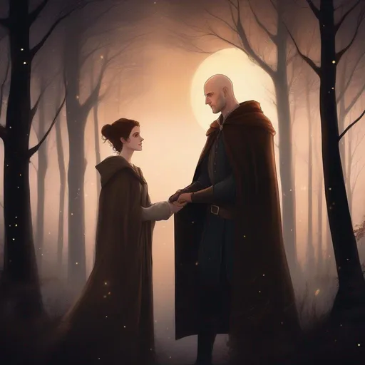 Prompt: highest quality anime art masterpiece, digital drawing, caucasian bald male sorcerer wearing mantle, with freckles and balding hairless scalp:vistani, melancholic, in a forest on a dark foggy night, hugging a woman with short brown wavy  pixie hair, bid sad slant brown eyes, pale milky skin:2, waxing moon, round shaven face, broad cheeks, ethereal, trimmed face, highres, realistic, highly detailed, fantasy, european, irish, D&D, Ravenloft, by Ilya Kuvshinov