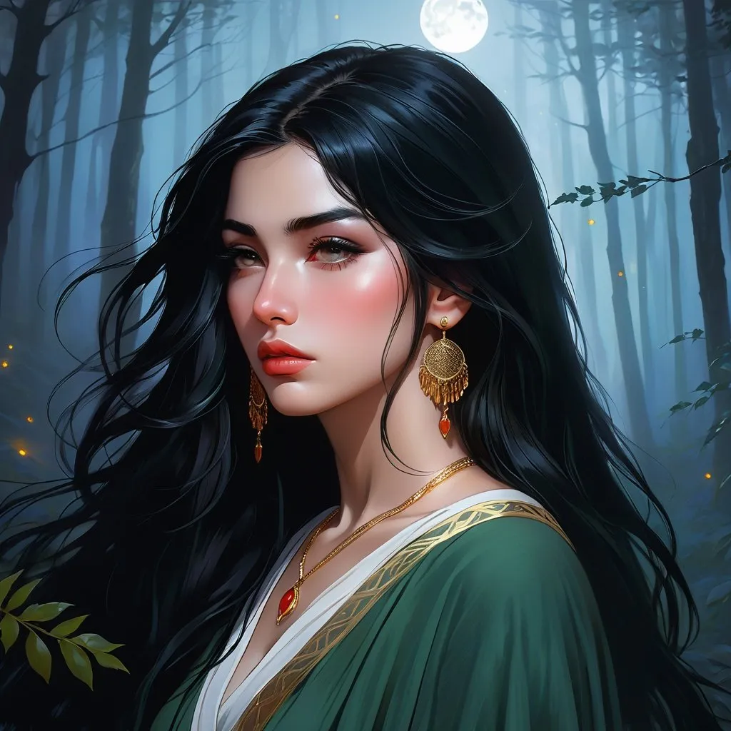 Prompt: highest quality anime art masterpiece, digital drawing, armenian woman with long black hair:vistani, sad in a forest on a dark foggy night, mocha skin:2, waxing moon, ethereal, jewelry set, highres, realistic, highly detailed, fantasy, gypsy, roma, D&D, Ravenloft, by Ilya Kuvshinov