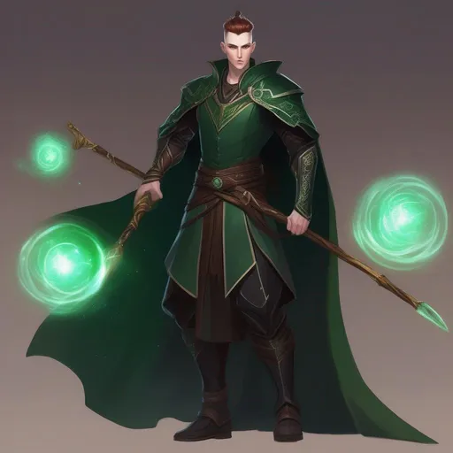 Prompt: A tall huge slender male mage, wearing dark green caped armour robes with ancient signs, with very short extremely deep dark brown slicked back pompadour undercut with dark ginger highlights and shaved sides, very pale milky skin. He fights with a magic staff and shoots magical crystalline impulses , potions on his belt, soft feminine body features. black pauldrons, grey belt, brown straps, silver breastplate, Smooth skin, detailed, well drawn face. Rpg art. 2d art. 2d.