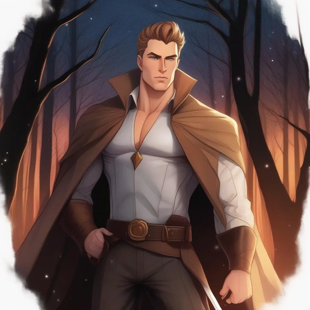 Prompt: highest quality anime art masterpiece, digital drawing, tall muscular bulky caucasian male sorcerer casting magic, wearing mantle, with suideburns, very short brown slicked back pompadour undercut hair with shaved sides:vistani, melancholic, in a forest on a dark foggy night, big sad slant brown eyes, pale milky skin:2, waxing moon, round shaven face, broad cheeks, ethereal, trimmed face, highres, realistic, highly detailed, fantasy, european, irish, D&D, Ravenloft, by Ilya Kuvshinov