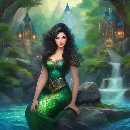 Prompt: fantasy book cover, a plump black haired mermaid princess with brown highlights in her very short messy wavy bob hair, mermaid fae, tall and willowy and pretty, soft freckles, big large green eyes, pointed ears, intricate blue and green gown, pointy ears, huge enormous, chest, iron palace gray metal, landscape beautiful pine forest, fishlail, Carne Griffiths, Michael Garmash, Frank Frazetta, Castle Background, Victo Ngai, Detailed, Vibrant, Sharp Focus, Character Design, Wlop, Kuvshinov, Character Design, TXAA, 32k, Highly Detailed, Dynamic Pose, Intricate Motifs, Organic Tracery, Perfect Composition, Digital Painting, Artstation, Smooth, Sharp Focus, Illustration, hyperdetailed, greg rutkowski