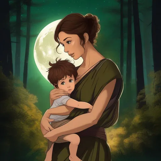 Prompt: highest quality anime art masterpiece, digital drawing, caucasian woman with very short brown thick wavy messy pixie hair:vistani, carrying a child in her arms, sad, in a forest on a dark foggy night, big green eyes, tanned skin:2, waxing moon, huge long wide broad hooked greek aquiline algerian oriental arabic nose, flat chest, ethereal, jewelry set, highres, realistic, highly detailed, fantasy, gypsy, roma, D&D, Ravenloft, by Ilya Kuvshinov