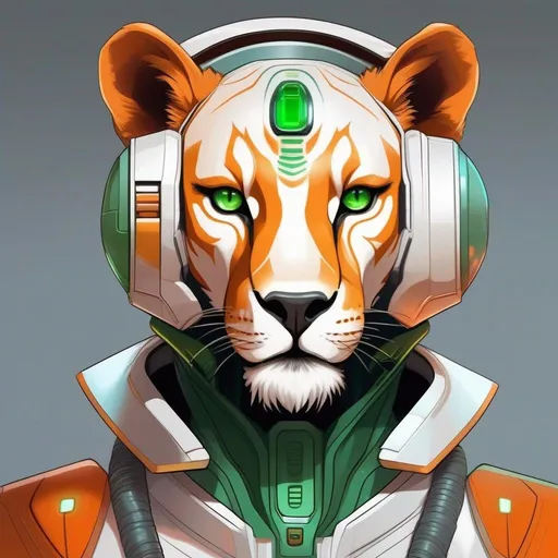 Prompt:  A 33 years old alien of a star wars lion race. Vaguely humanoid. He has shot orange fur and a white skin. He wears a scifi suit and has green robot eyes. Detailed, well draw face, Smooth skin. rpg art. Star wars art. 2d art. 2d