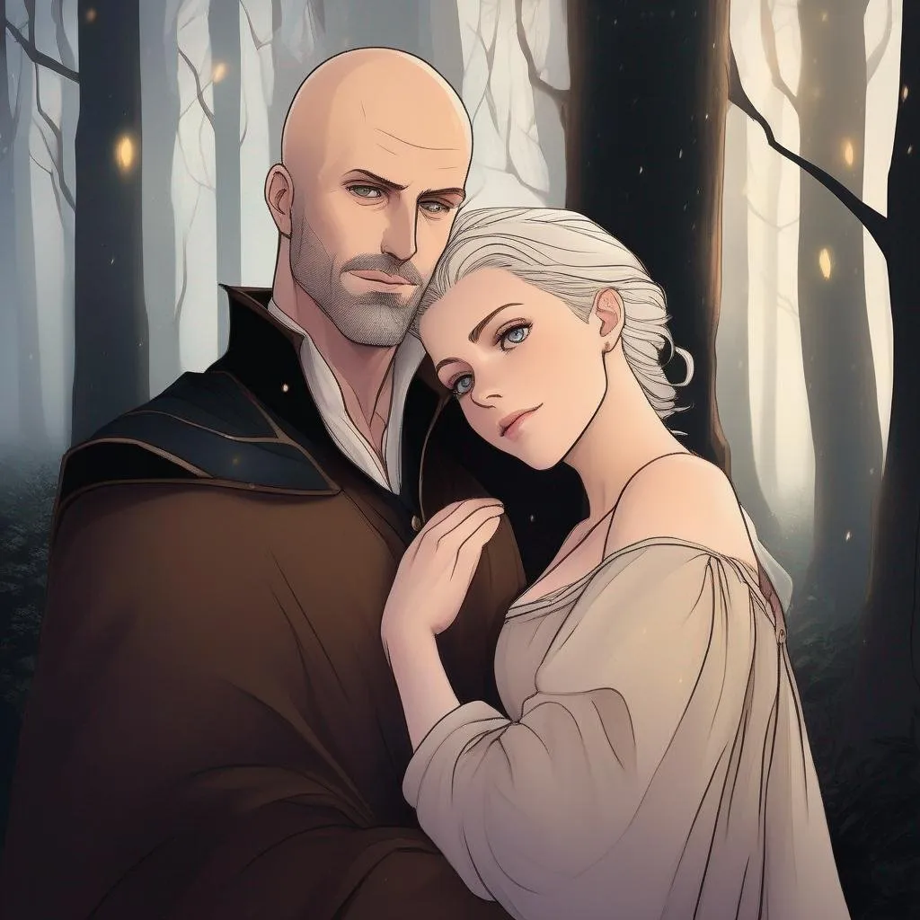 Prompt: highest quality anime art masterpiece, digital drawing, caucasian bald male sorcerer wearing mantle, with freckles and balding hairless scalp:vistani, melancholic, in a forest on a dark foggy night, hugging a woman with short brown wavy  pixie hair, bid sad slant brown eyes, pale milky skin:2, waxing moon, round shaven face, broad cheeks, ethereal, trimmed face, highres, realistic, highly detailed, fantasy, european, irish, D&D, Ravenloft, by Ilya Kuvshinov