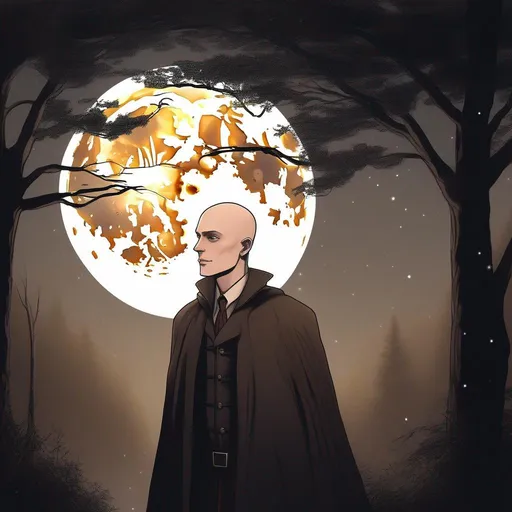 Prompt: highest quality anime art masterpiece, digital drawing, slender slim skinny androgynous caucasian bald male sorcerer wearing mantle, with freckles and balding hairless scalp:vistani, melancholic, in a forest on a dark foggy night, big sad slant brown eyes, pale milky skin:2, waxing moon, round shaven face, broad cheeks, ethereal, trimmed face, highres, realistic, highly detailed, fantasy, european, irish, D&D, Ravenloft, by Ilya Kuvshinov