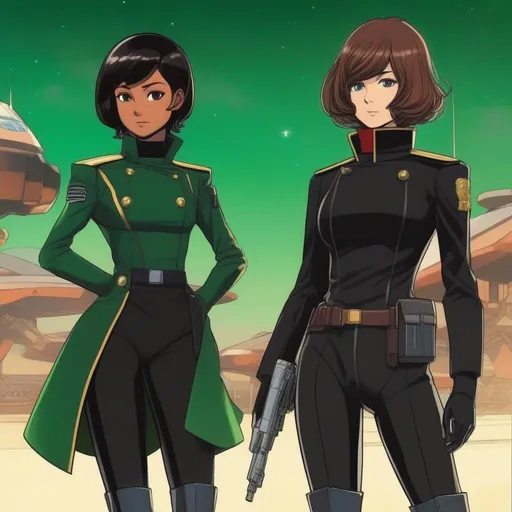 Prompt: Whole body. Full Figure, from distance. a Young noble woman in 22nd century, black scifi uniform. Cute. very short dark brown pixie haircut. emerald eyes. Akira art. Anime art. Captain Harlock art. Leiji Matsumoto art. 2d art. 2d. well draw face. detailed.