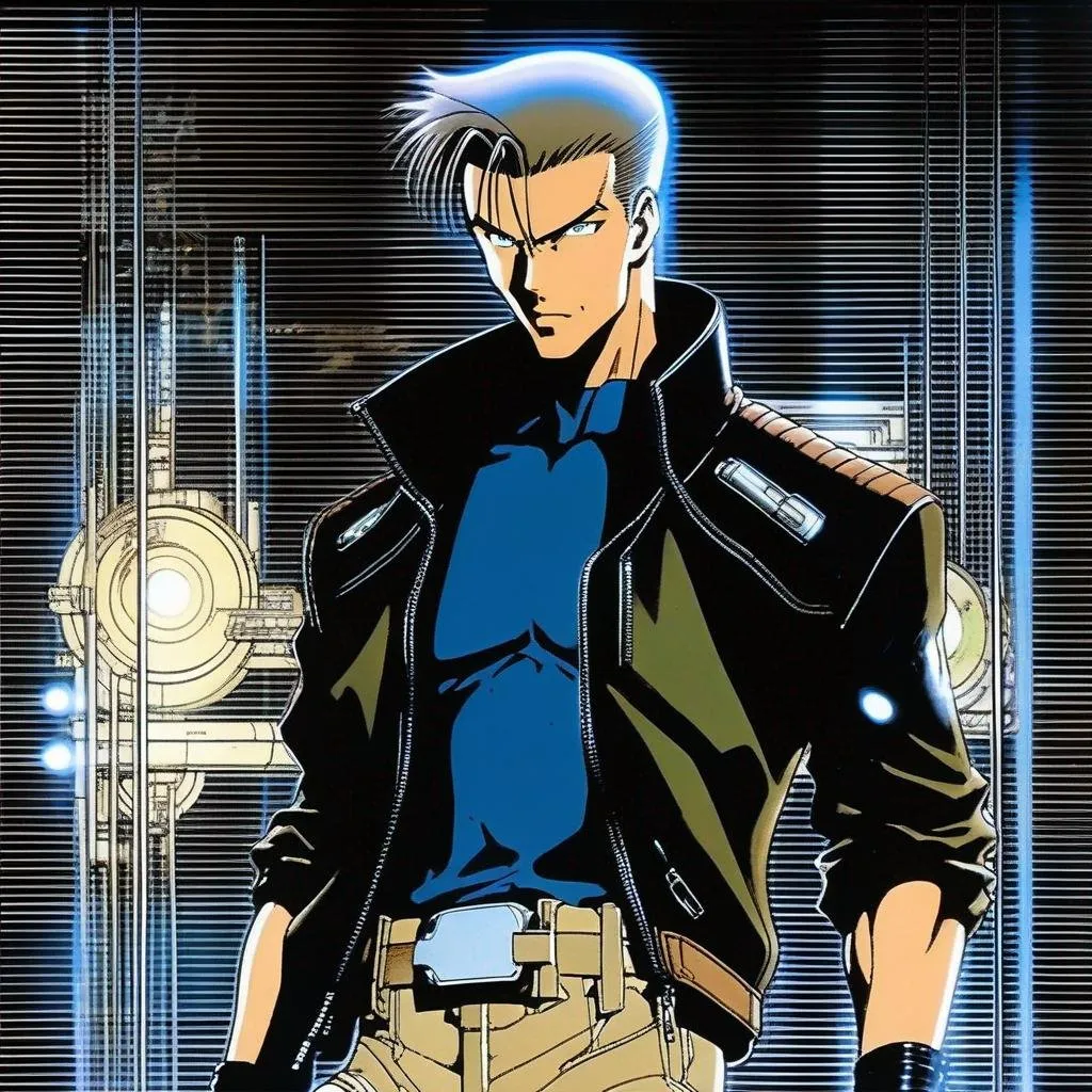 Prompt: detailed character portrait, full body portrait of a muscled male with brown pompadour undercut, retro futuristic starship captain, green glowing eyes, smirking, black futuristic leather jackett, on smoky background, transporter, teleporter, inside of a spaceship,  Ghost in the shell art. Masamune Shirow art. anime art. Leiji Matsumoto art. Akira art. Otomo art. 2d. 2d art.