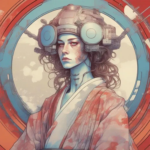 Prompt: boy alike tall girlish Japanese boyish androgynous feminine young caucasian teenage male boy geisha, slightly masculine, a bit manly, boylike girllike cyberpunk droid with open body implants an prosthetics, long wavy hair, woman kimono, full makeup, limitless, art, circle, one color background, by Hokusai and James Gurney,