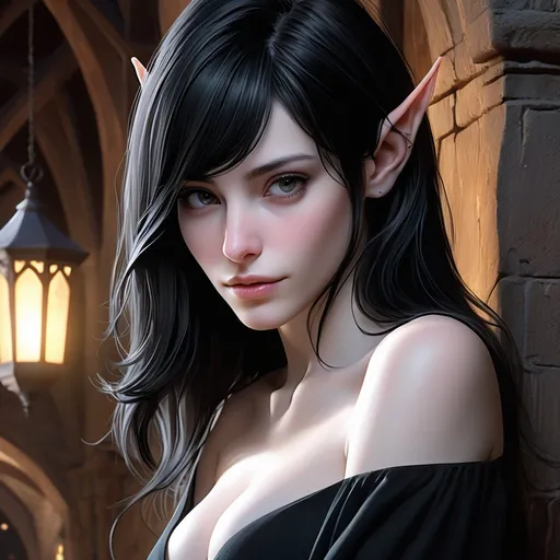 Prompt: portrait of a pale elen woman sarah shahi, elvish ears, wearing nothing, bare chest, small jawline, triangular head, realistic, warm soft lighting, art by artgerm and ruan jia and greg rutkowski and sam leung, detailed, medieval, game-rpg, wavy black hair, adult, atmosphere, adult, attractive, wanting, inviting, middle ages, medieval room background, plentiful, warm, inviting, black dress, cozy, comfortable, artstation, magic, mystery, love, affection 