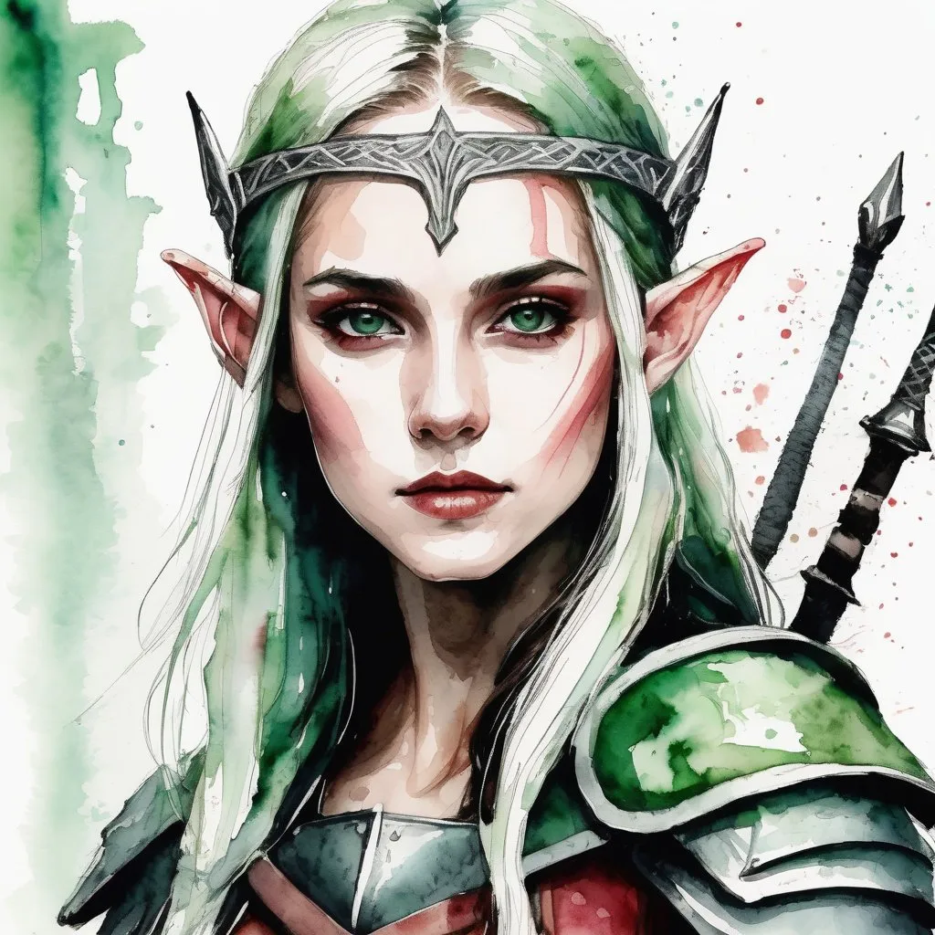 Prompt: Ultra realistic photo portrait of a very young beautiful attractive teenage female elf warrior queen in watercolor style, minimalist, elegant, white background, black lines, green shades, red tones, thick bold Rotring lines, capturing strength and fantasy, powerful and artistic portrayal, focusing entirely on the character, no additional elements, watercolor illustration.