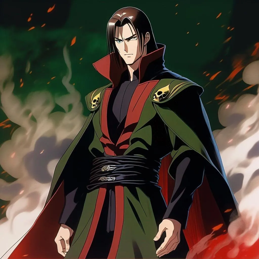 Prompt: detailed character, full body portrait of a muscular male sorcerer, round face, broad cheeks, extremely short brown slicked back pompadour undercut, green eyes smirking, wearing dark green wizard robes, on smoky blurred background, Akira art. Anime art. Captain Harlock art. Leiji Matsumoto art. 2d art. 2d. well drawn face. detailed.