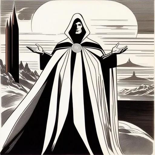 Prompt: Silk screen comic book illustration of a male mage, wearing a dark wizars robe with a cape, loincloth, shirt underneath, very short extremely deep dark brown slicked back pompadour undercut with dark ginger highlights and shaved sides, very bright and pale milky skin, Well drawn face, detailed face, 1960s Soviet retrofuturism, 