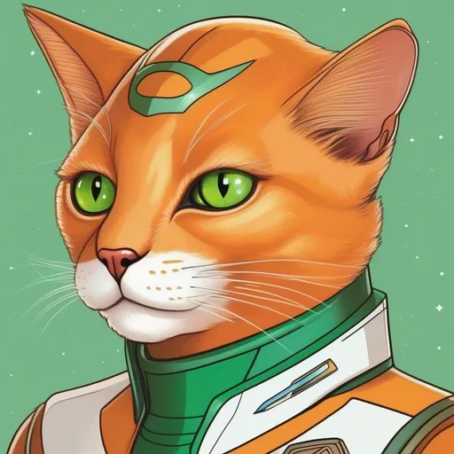 Prompt:  A 33 years old alien of a star trek cat race. Vaguely humanoid. He has shot orange fur and a white skin. He wears a scifi uniform and has green lizard eyes. Detailed, well draw face, Smooth skin. rpg art. Star trek art. 2d art. 2d, color drawing