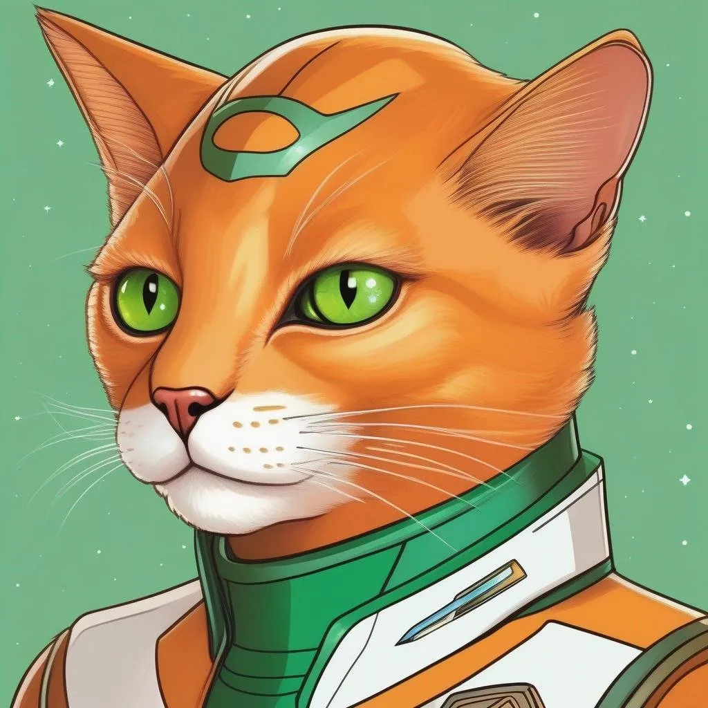 Prompt:  A 33 years old alien of a star trek cat race. Vaguely humanoid. He has shot orange fur and a white skin. He wears a scifi uniform and has green lizard eyes. Detailed, well draw face, Smooth skin. rpg art. Star trek art. 2d art. 2d, color drawing