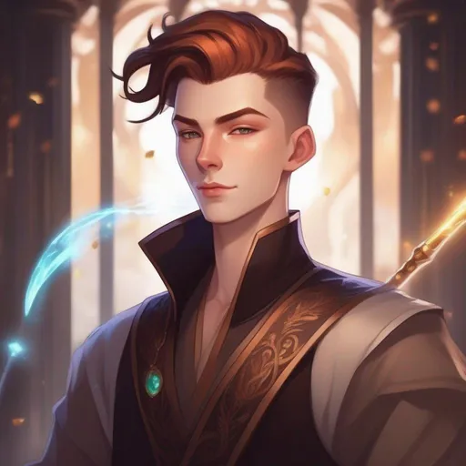 Prompt: A young male mage with very short extremely deep dark brown slicked back pompadour undercut with ginger highlights and shaved sides, very pale milky skin. He wields a magic staff, potions on his belt, soft feminine body features. Smooth skin, detailed, well drawn face. Rpg art. 2d art. 2d.