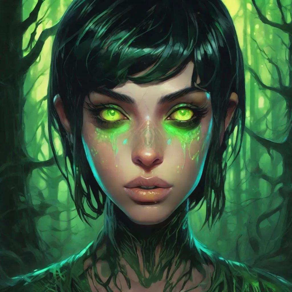 Prompt: a beautiful green skinned girl, black short hair, big yellow glowing eyes, huge long big hooked aquiline arabian nose, green skin, with entirely emerald skin colour, black T-shirt , standing in a forest at night, fear , biomorphic , muted pastel colors palette, by  Callie Fink, SIYA OUM, GIGER, Datamoshing , Vaporware, ink wash painting, aesthetic , centered, 16k, HQ, perspective ,insanely detailed and intricate, hyper realistic, cgsociet, dynamic pose