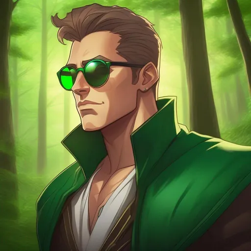 Prompt: highest quality anime art masterpiece, digital drawing, tall muscular bulky caucasian male sorcerer, wearing mage mantle, suideburns, very short brown slicked back pompadour undercut hair with shaved sides:vistani, wearing round glasses, green shades with emerald lenses, green round sunglasses, dark female makeup, melancholic, in a forest on a dark foggy night, big sad slant brown eyes, pale milky skin:2, waxing moon, round shaven face, broad cheeks, ethereal, trimmed face, highres, realistic, highly detailed, fantasy, european, irish, D&D, Ravenloft, by Ilya Kuvshinov