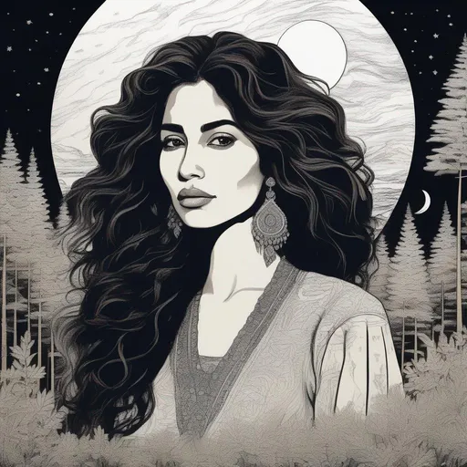 Prompt: A silkscreen comic illustration of an Azerbaijani woman with long black thick wavy messy hair:vistani, sad in a forest on a dark foggy night, big brown eyes, tanned skin:2, waxing moon, huge long wide broad hooked greek aquiline algerian oriental arabic nose, ethereal, jewelry set, highres, realistic, highly detailed, fantasy, gypsy, roma, 1960s Soviet Retrofuturism,