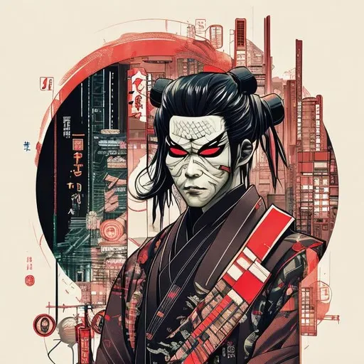 Prompt: Japanese male geisha, cyberpunk, limitless, art, circle, one color background