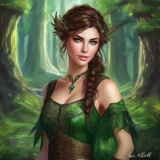 Prompt: fantasy book cover, a dark chesnut haired elven princess with brown highlights in her very extremely er long short messy curly pixie hair, elf fae, tall and willowy and pretty, soft freckles, big large green eyes, pointed ears, intricate blue and green gown, pointy elvish ears, iron palace gray metal, landscape beautiful pine forest, Art by Gil Elvgren, Castle Background, Detailed, Vibrant, Sharp Focus, Character Design, 32k, Highly Detailed, Dynamic Pose, Intricate Motifs, Organic Tracery, Perfect Composition, Digital Painting, Smooth, Sharp Focus, Illustration, hyperdetailed,