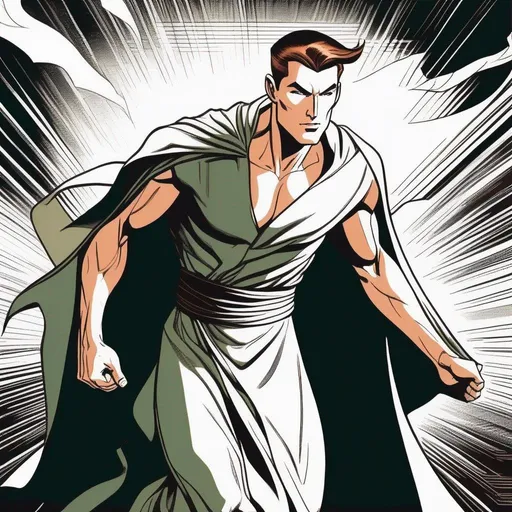 Prompt: Silk screen comic book illustration, of an athletic, adult slender muscular male mage in movement, wearing a dark green wizars robe with a cape, loincloth, white shirt underneath, very short extremely deep dark brown slicked back pompadour undercut with dark ginger highlights and shaved sides, very bright and pale milky skin.  Well drawn face, detailed face,  1960s Soviet retrofuturism, 