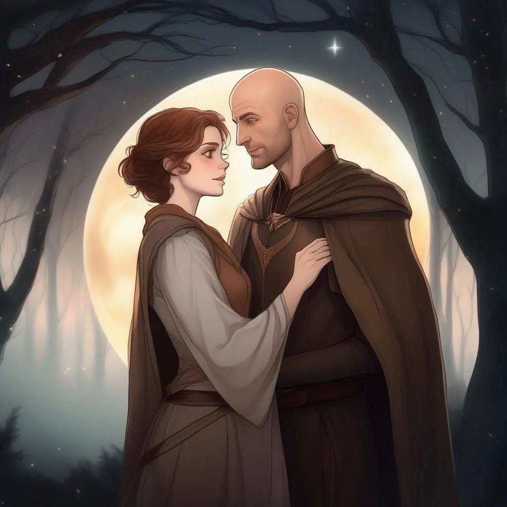 Prompt: highest quality anime art masterpiece, digital drawing, caucasian bald male sorcerer wearing mantle, with freckles and balding hairless scalp:vistani, melancholic, in a forest on a dark foggy night, hugging a woman with short brown wavy  pixie hair, bid sad slant brown eyes, pale milky skin:2, waxing moon, round shaven face, broad cheeks, ethereal, trimmed face, highres, realistic, highly detailed, fantasy, european, irish, D&D, Ravenloft, by Ilya Kuvshinov