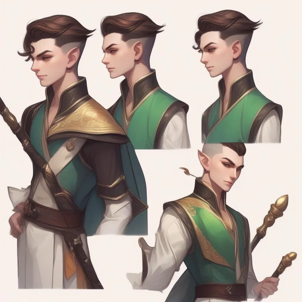 Prompt: A young elf mage with very short 
 extremely deep dark brown slicked back pompadour undercut with ginger highlights and shaved sides, very pale milky skin. He swings a magic staf, has a magic stick on the left side of his belt, soft feminine body features. Smooth skin, detailed, well drawn face. Rpg art. 2d art. 2d.