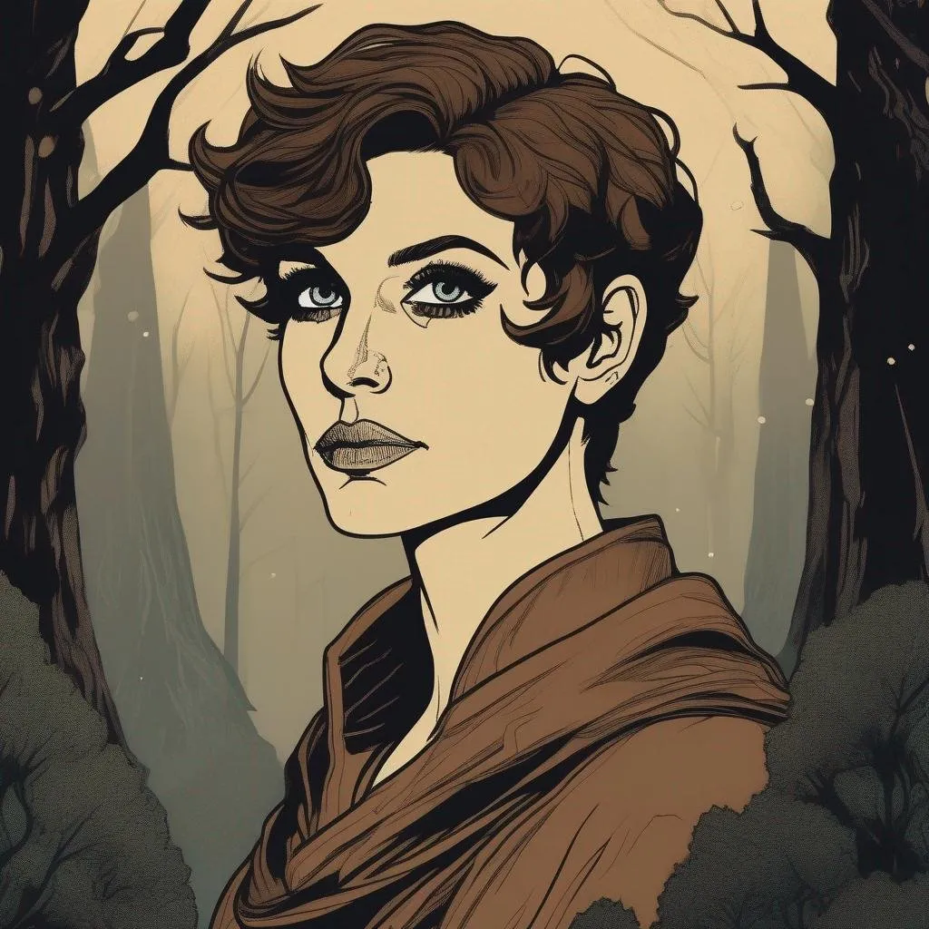 Prompt: A silkscreen comic illustration of a tiny skinny caucasian female sorceress, wearing mage mantle, , very short messy brown pixie undercut hair with shaved sides:vistani, dark female makeup, huge long hooked aquiline persian nose, tiny nose ala, protruding nose root, melancholic, in a forest on a dark foggy night, big sad slant emerald cat eyes, tanned skin:2, waxing moon, ethereal, highres, realistic, highly detailed, fantasy, eastern european, ukrainian, 1960s Soviet Retrofuturism,