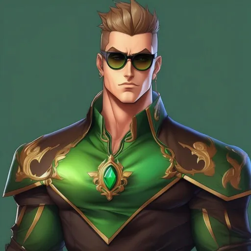 Prompt: highest quality anime art masterpiece, digital drawing, tall muscular bulky caucasian male sorcerer, wearing mage mantle, suideburns, very short brown slicked back pompadour undercut hair with shaved sides:vistani, wearing (round glasses), green sunshades with round emerald lenses, green (round) sunglasses, dark female makeup, melancholic, in a forest on a dark foggy night, big sad slant brown eyes, pale milky skin:2, waxing moon, round shaven face, broad cheeks, ethereal, trimmed face, highres, realistic, highly detailed, fantasy, european, irish, D&D, 2d art by James Gurney,