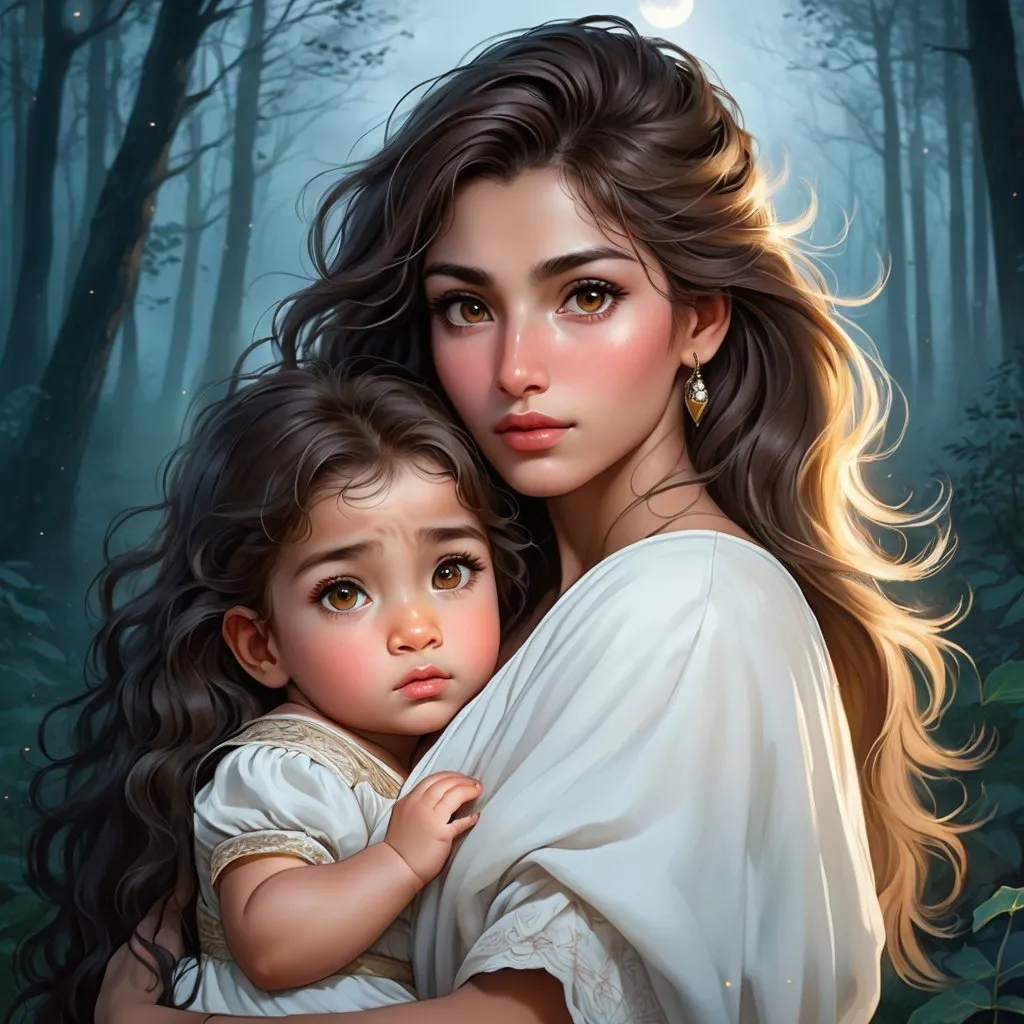 Prompt: highest quality anime art masterpiece, digital drawing, Azerbaijani woman with long black thick wavy messy hair:vistani, carrying a child in her arms, round face, broad cheeks, sad in a forest on a dark foggy night, big brown eyes, tanned skin:2, waxing moon, huge long wide broad hooked greek aquiline algerian oriental arabic nose, flat chest, ethereal, jewelry set, highres, realistic, highly detailed, fantasy, gypsy, roma, D&D, Ravenloft, by Ilya Kuvshinov