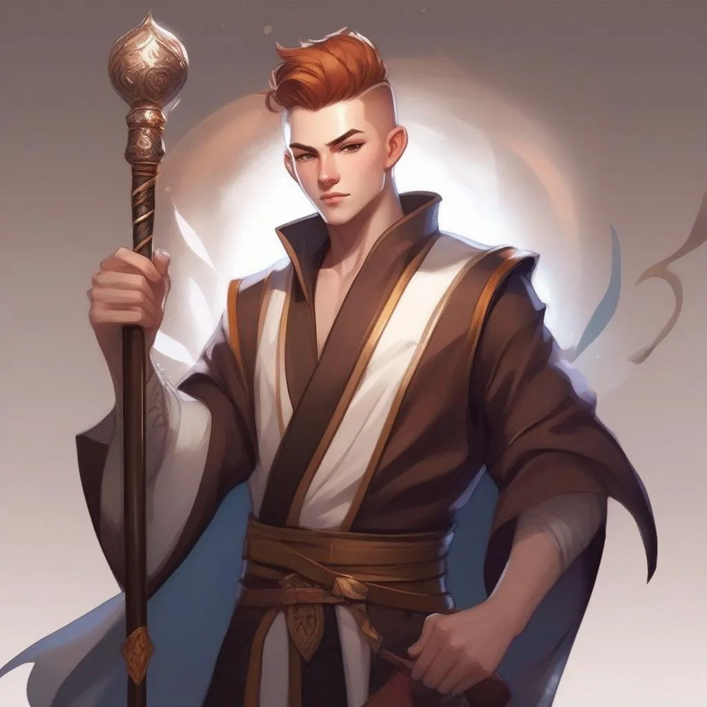 Prompt: A young male mage in robes, with very short extremely deep dark brown slicked back pompadour undercut with ginger highlights and shaved sides, very pale milky skin. He fights with a magic staff, potions on his belt, soft feminine body features. Smooth skin, detailed, well drawn face. Rpg art. 2d art. 2d.