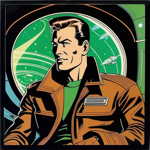 Prompt: Silk screen comic book illustration, of a muscled male with brown pompadour undercut, retro futuristic starship captain, green glowing eyes, smirking, black futuristic leather jackett, on smoky background, docking station, inside of a spaceship,  Well drawn face, detailed face,  1960s Soviet retrofuturism, 